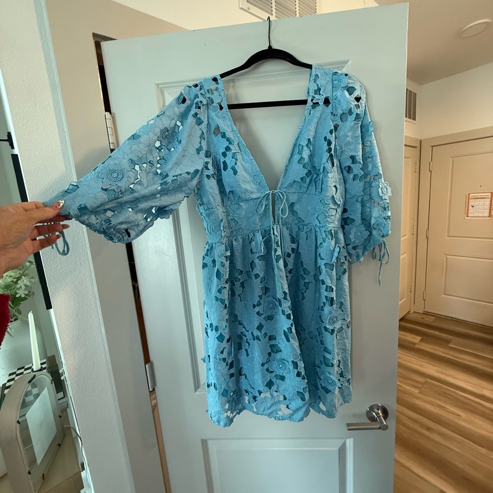 Vici Light Blue Lace Long Sleeve Mini Dress